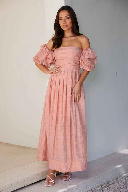 Birthday Weekend Off Shoulder Maxi Dress Peach