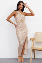 Like A Feather Midi Dress Rose Gold Sequin