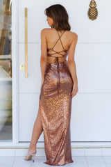 DEAR EMILIA Glimmer Down Maxi Dress Bronze