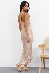 Like A Feather Midi Dress Rose Gold Sequin