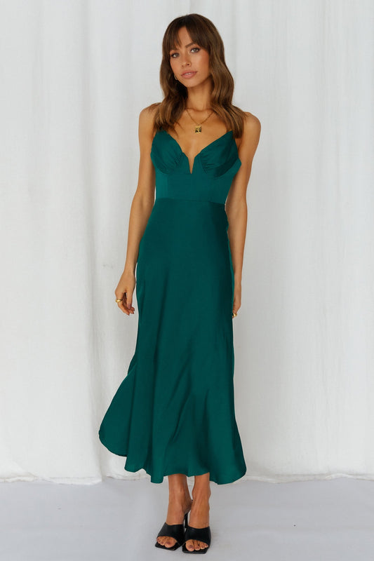 No Missing Kisses Midi Dress Forest Green