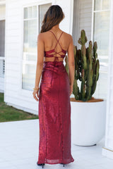 DEAR EMILIA Glimmer Down Maxi Dress Merlot