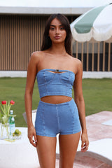 HELLO MOLLY Cheeky Heart Mid Rise Denim Shorts Blue