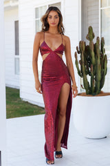 DEAR EMILIA Glimmer Down Maxi Dress Merlot