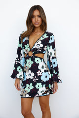 FINDERS KEEPERS Foxy Long Sleeve Mini Dress Black Retro Floral