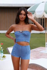 HELLO MOLLY Cheeky Heart Mid Rise Denim Shorts Blue