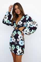 FINDERS KEEPERS Foxy Long Sleeve Mini Dress Black Retro Floral