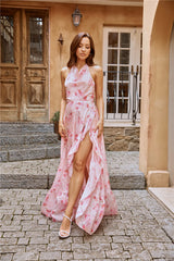 Palm Tree Island Halter Maxi Dress Pink