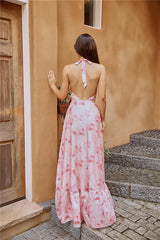 Palm Tree Island Halter Maxi Dress Pink